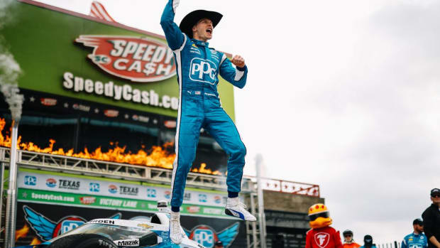 Yee-hah! Josef Newgarden celebrates after winning the PPG 375 IndyCar event at Texas Motor Speedway for the second consecutive year. IndyCar photo by Joe Skibinski.